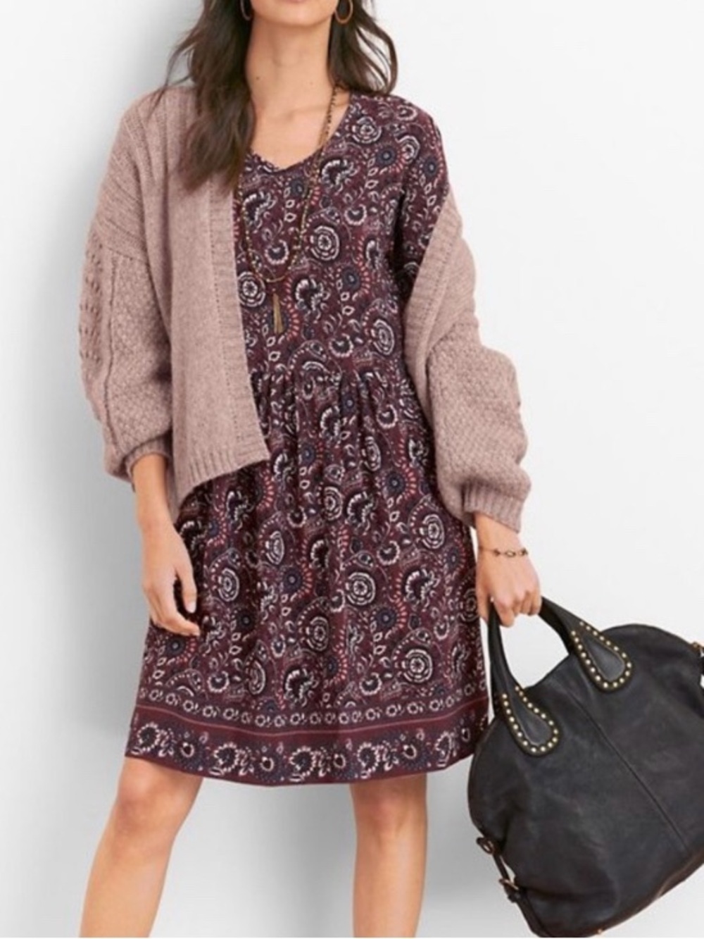 Garnet Hill Womens Burgundy Floral Paisley V-Neck 3/4 Sleeve Empire Dress NWOT 8
